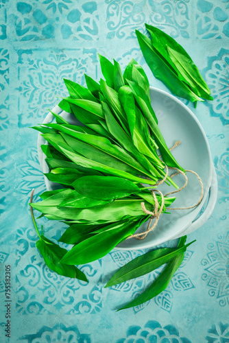 Ramson, wild garlic (allium ursinum) on kitchen table