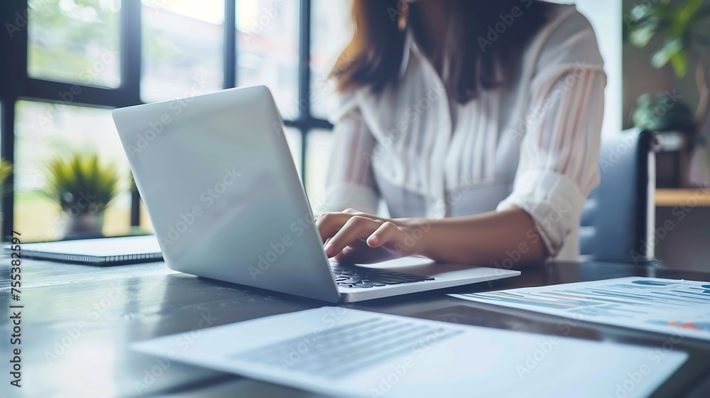 Generative AI : Women work on laptop on the table at the office with information documents. Generative AI : Women work on laptop on the table at the office with information documents.