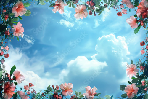 Elegant spring flower frame with beautiful sky and clauds as wallpaper background illustration  Flower around Sky