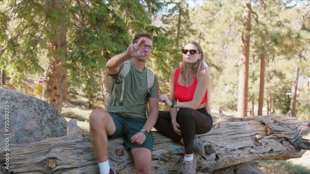 A male and female hiker rest on a fallen log. The man gestures at something in the distance, both equipped for a trek. Slow Motion, 4K RAW. A male and female hiker rest on a fallen log. The man gestures at something in the distance, both equipped for a trek. Slow Motion, 4K RAW.
