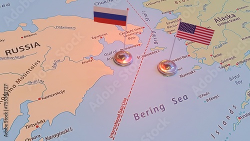 USA and Russian flags on the map 3d render