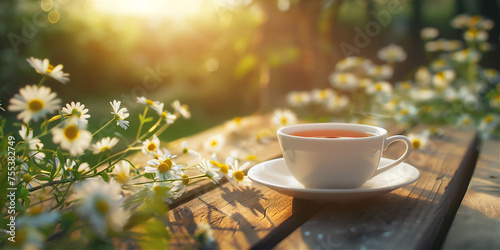 cup of morning tea on wood table in garden in spring with flowers