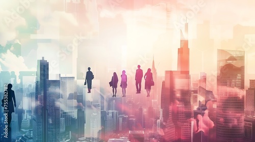 Generative AI : Creative city skyline with businesspeople silhouettes on light background.