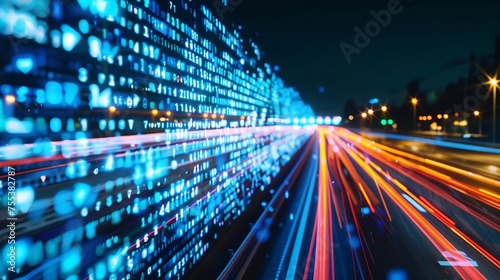 Generative AI : Digital data flow on road with motion blur to create vision of fast speed transfer .  © The Little Hut