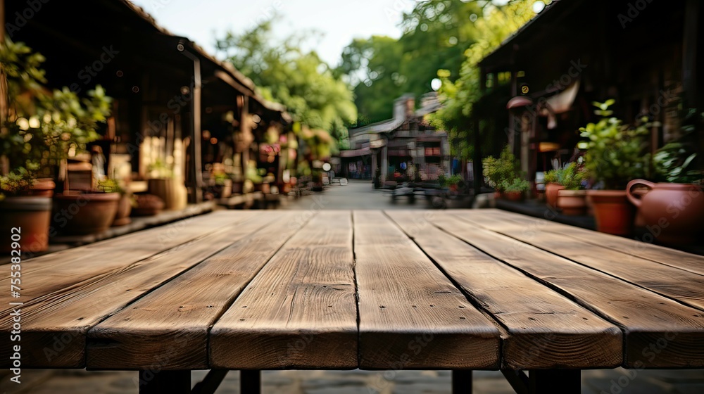 Wooden table top on city background Wooden table top on city background