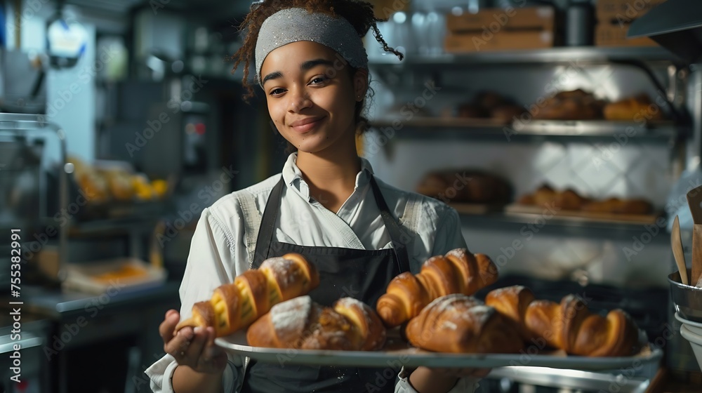 Generative AI : Female baker at the kitchen holding freshly baked croiisants