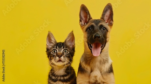 Generative AI : portrait of a cat and dog in front of bright yellow background © The Little Hut