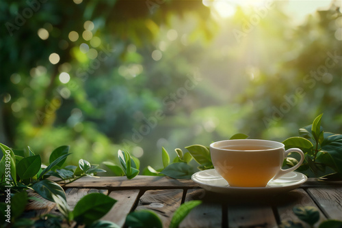 a cup of morning tea on wood table in garden in spring with green leaves