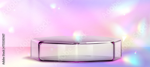 Glass transparent hexagon product podium on abstract holographic background with light flash effect. Realistic vector illustration of crystal goods display platform. Plexiglass glossy stand.