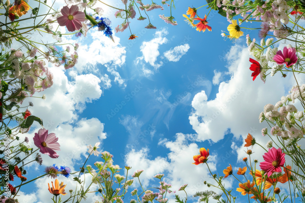 Elegant spring flower frame with beautiful sky and clauds as wallpaper background illustration, Flower around Sky	