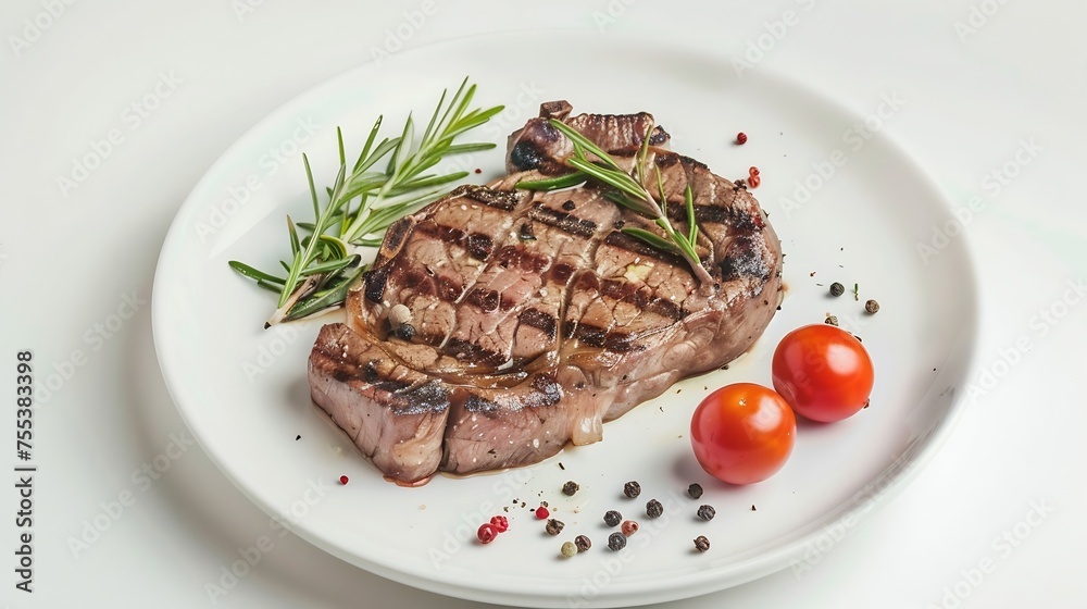 Generative AI : Beef steak served in plate on white background. Grilled steak, medium rare. Generative AI : Beef steak served in plate on white background. Grilled steak, medium rare.