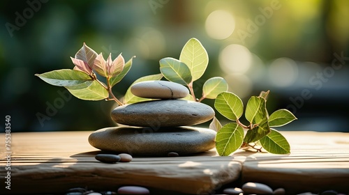 Zen stones and green leaves on wooden table  spa and wellness concept