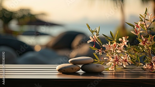 Zen stones and flowering branches on a wooden table  the concept of spa and wellness