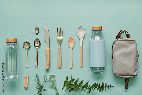 A sustainable living concept with reusable water bottles and eco-friendly utensils photo