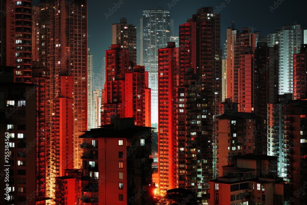 Night cityscape. rows of residential buildings with glowing windows creating a starry sky pattern
