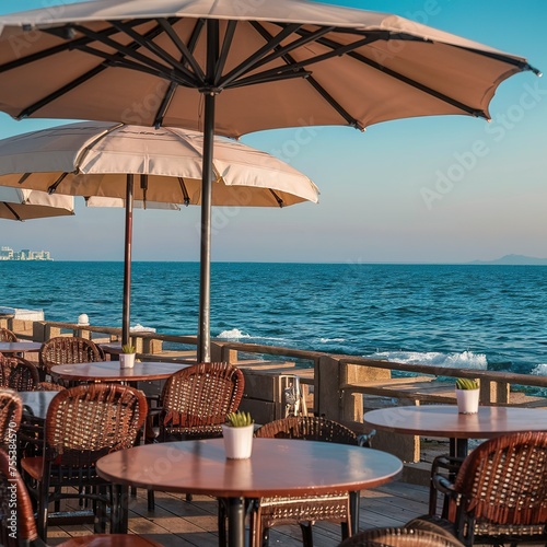 cafe tables on the sea mediterranean embankment. selective focus. banner