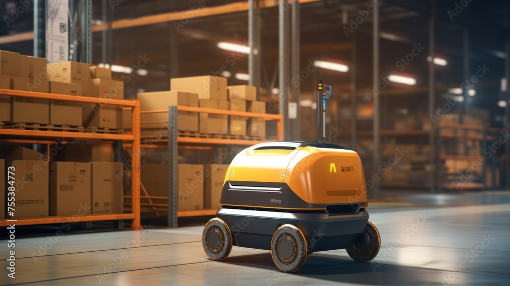 Autonomous robots moving shelves with cardboard boxes in automated warehouse