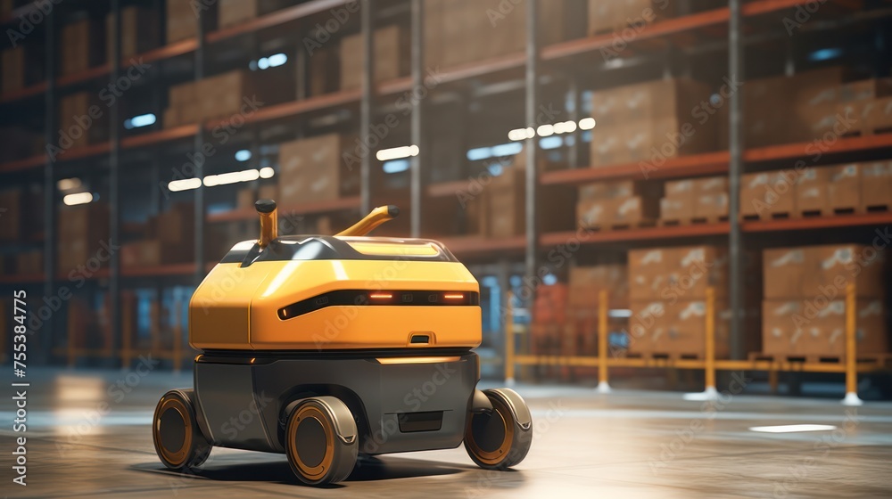 Autonomous robots moving shelves with cardboard boxes in automated warehouse Autonomous robots moving shelves with cardboard boxes in automated warehouse