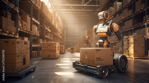 Autonomous robots moving shelves with cardboard boxes in automated warehouse