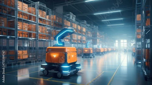 Autonomous robots moving shelves with cardboard boxes in automated warehouse