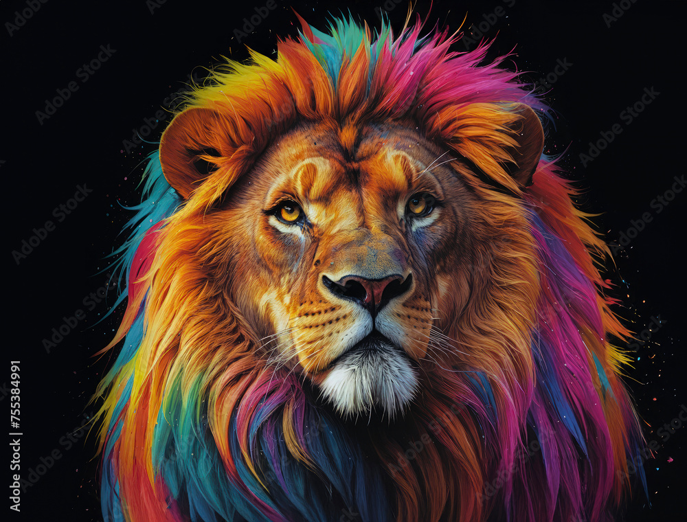 A colorful lion with a rainbow mane and a yellow face