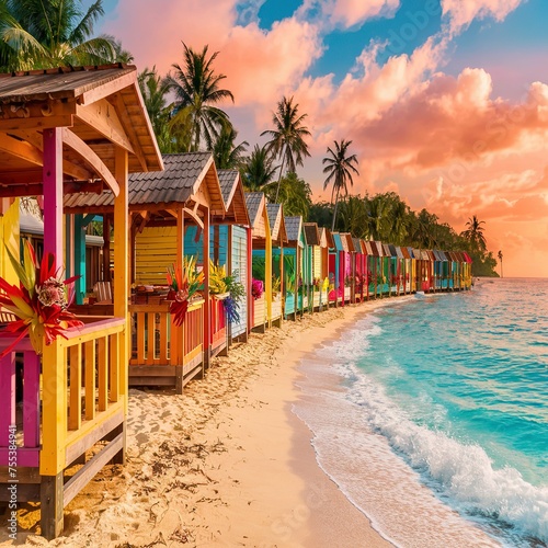 colourful cabanas on a tropical beach in the Bahamas