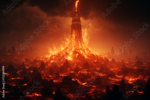 Apocalyptic cityscape engulfed in blinding flash and orange blaze with cinematic lighting © Наталья Бойко
