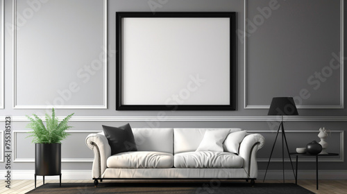 A well-lit living room with a blank white empty frame, showcasing a minimalist black and white photograph of architectural details. © Awais
