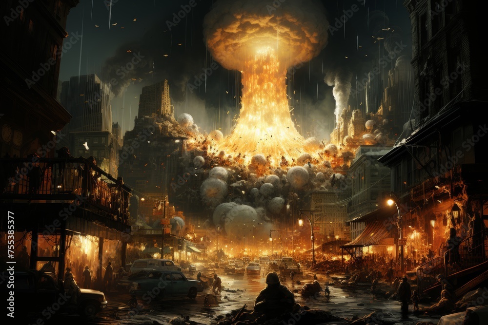 Dramatic urban night scene with nuclear explosion, mushroom cloud, and shockwave