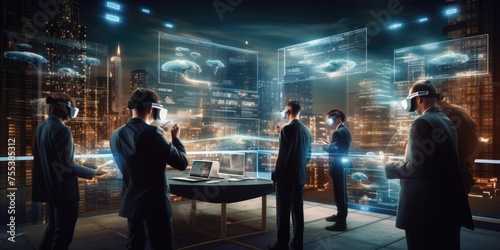 Futuristic technology trend of smart industry business meeting concept. Group of business man meeting anywhere in the world by using augmented mixed virtual reality technology photo