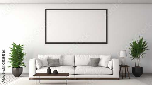 A well-lit living room with a blank white empty frame, showcasing a minimalist black and white photograph of architectural details.