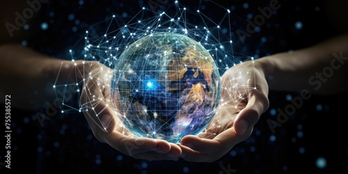 man hand holding night earth with global network communication technology including earth crptocurrency, blockchain, iot, 5g Earth day energy for envirionment Elements of this image furnished