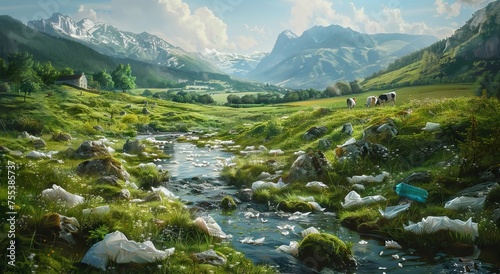 In the foreground is an English countryside with rolling hills and lush green grass a small stream flows through it