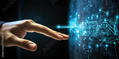 man hand pointing in to futuristic interface network include of artificial intelligence(ai), machine deep learning, robot computer software, blockchain, augmented, virtual technology