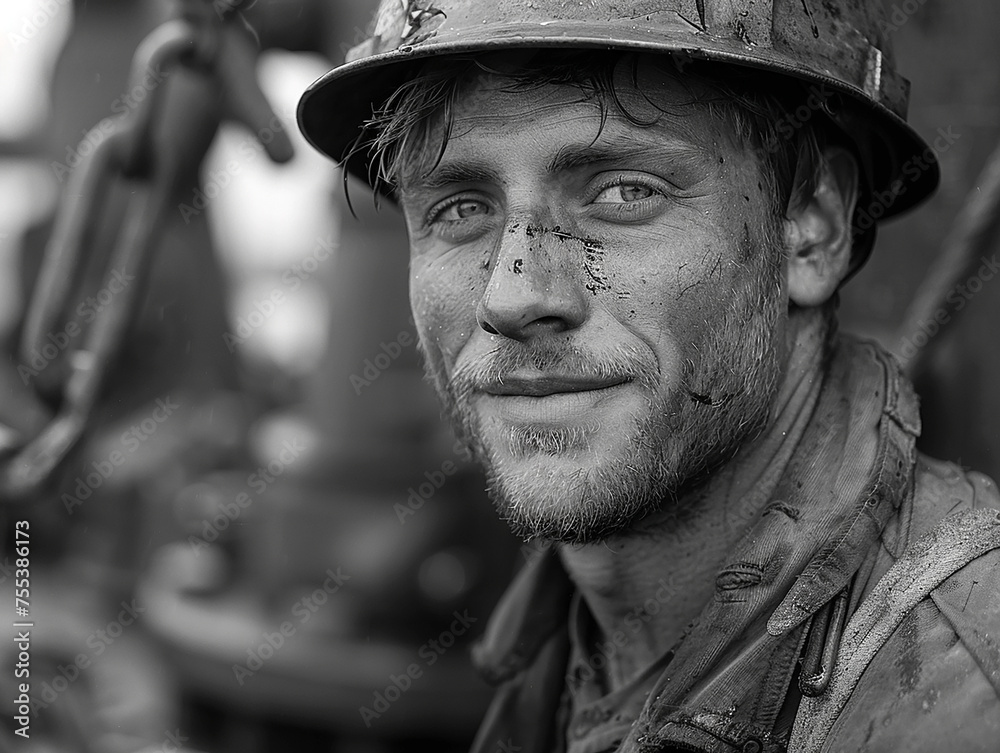 A young male worker in overalls and a hard hat smiles A young male worker in overalls and a hard hat smiles