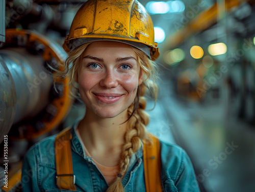 A young woman worker in overalls and a hard hat smiles