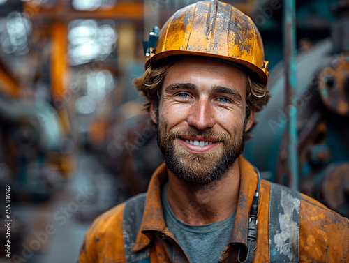 A young male worker in overalls and a hard hat smiles © aviavlad