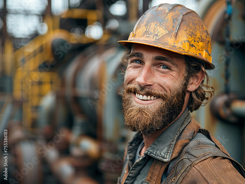 A young male worker in overalls and a hard hat smiles
