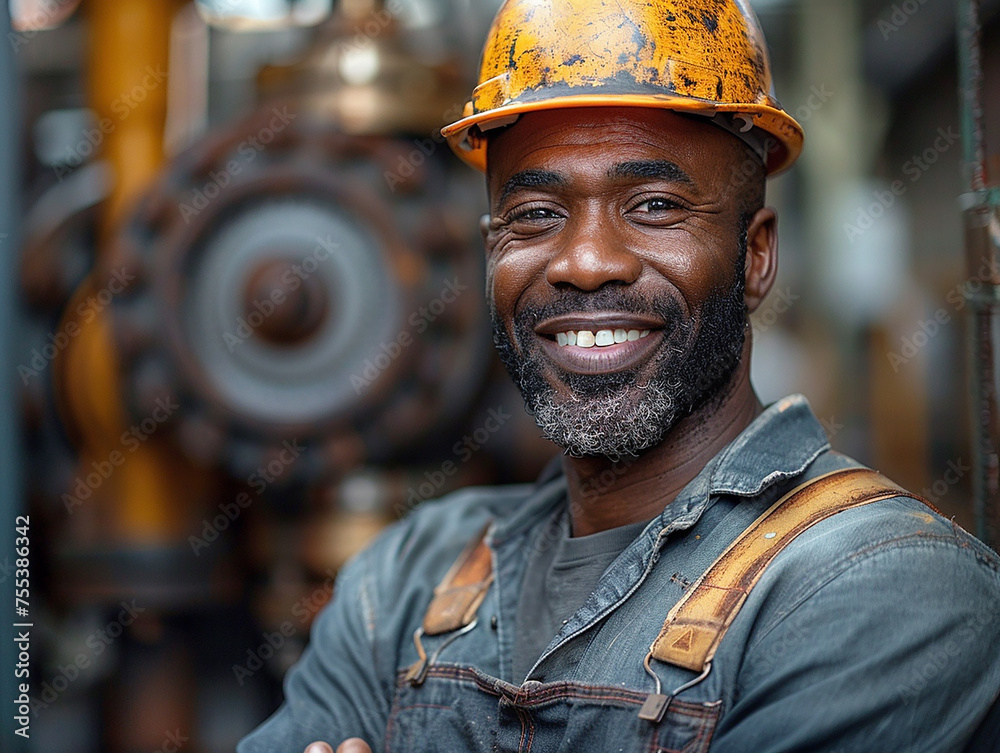 A black male worker in overalls and a hard hat smiles A black male worker in overalls and a hard hat smiles