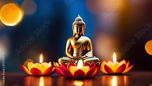 Buddha statue and plumeria flowers on bokeh background. lanterns and garlands made from flowers and candles. Concept holiday vesak day, religious, buddhism, lotus, sparkling background motion graphic photo