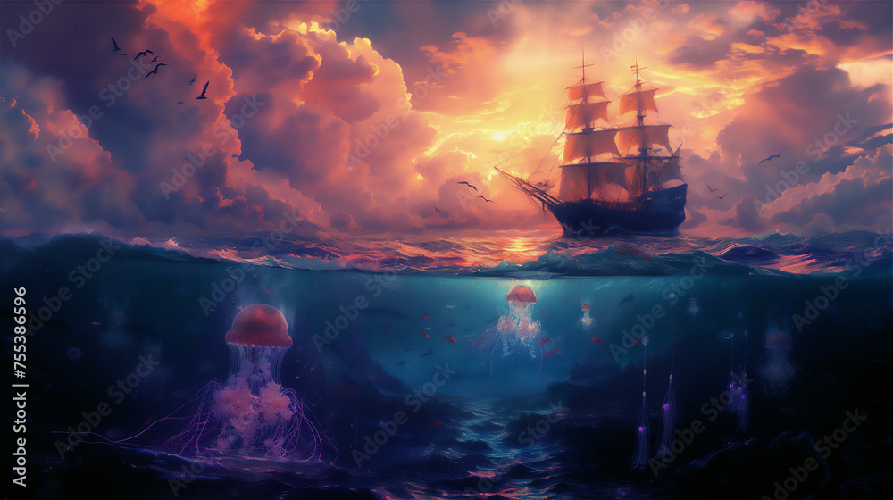 Obraz premium Ocean in half under water view with pink jelly fish and pirate sailing ship at sunset with dramatic clouds