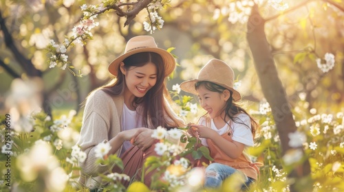A cheerful young mother and...