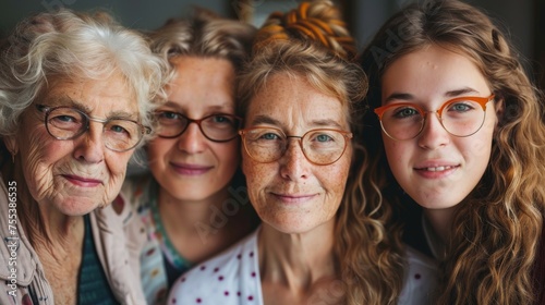 An intimate portrait of four generations of women with a warm, multigenerational family vibe, all wearing glasses.