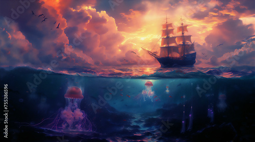 Ocean in half under water view with pink jelly fish and pirate sailing ship at sunset with dramatic clouds