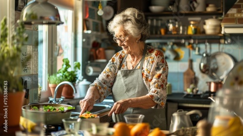An elderly woman focused on cooking a healthy, vegetable-rich meal in her sunlit home kitchen filled with green plants.