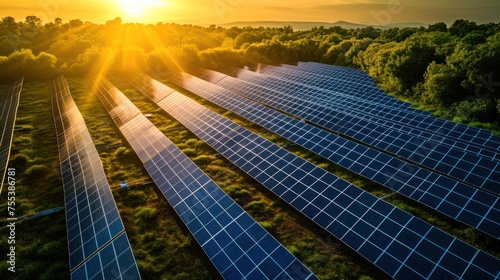 Solar panel and golden hour sunlight