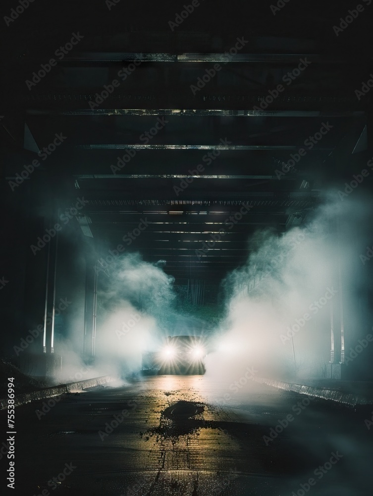 Under a bridge at night the surroundings are black illuminated by the headlights of a car. The light is backlit and facing the camera