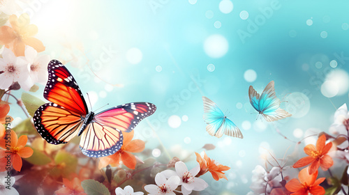  colorful butterflies on floral summer beautiful flowers with twinkly background