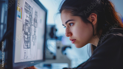An accomplished female engineer using a CAD model photo