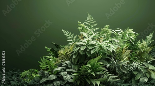 Lush green foliage on a dark background  showcasing a variety of plants and ferns.